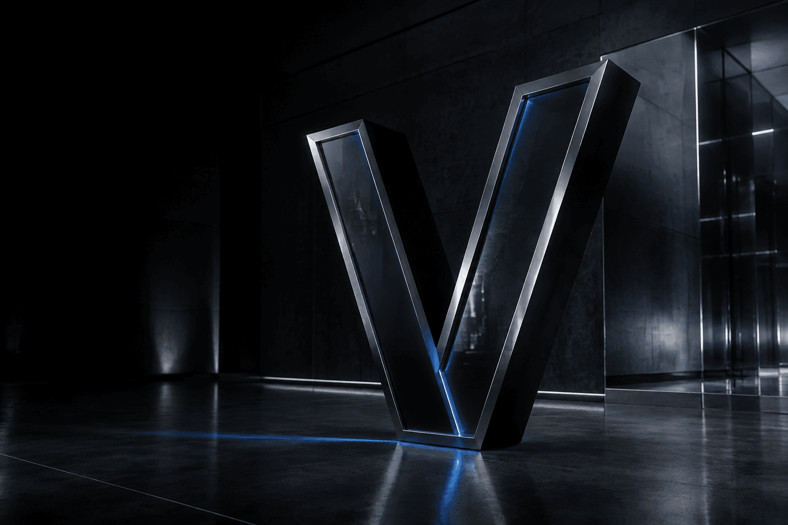 V escultórica de Voltrior en metal negro y vidrio oscuro, con reflejos azules en un entorno arquitectónico.
